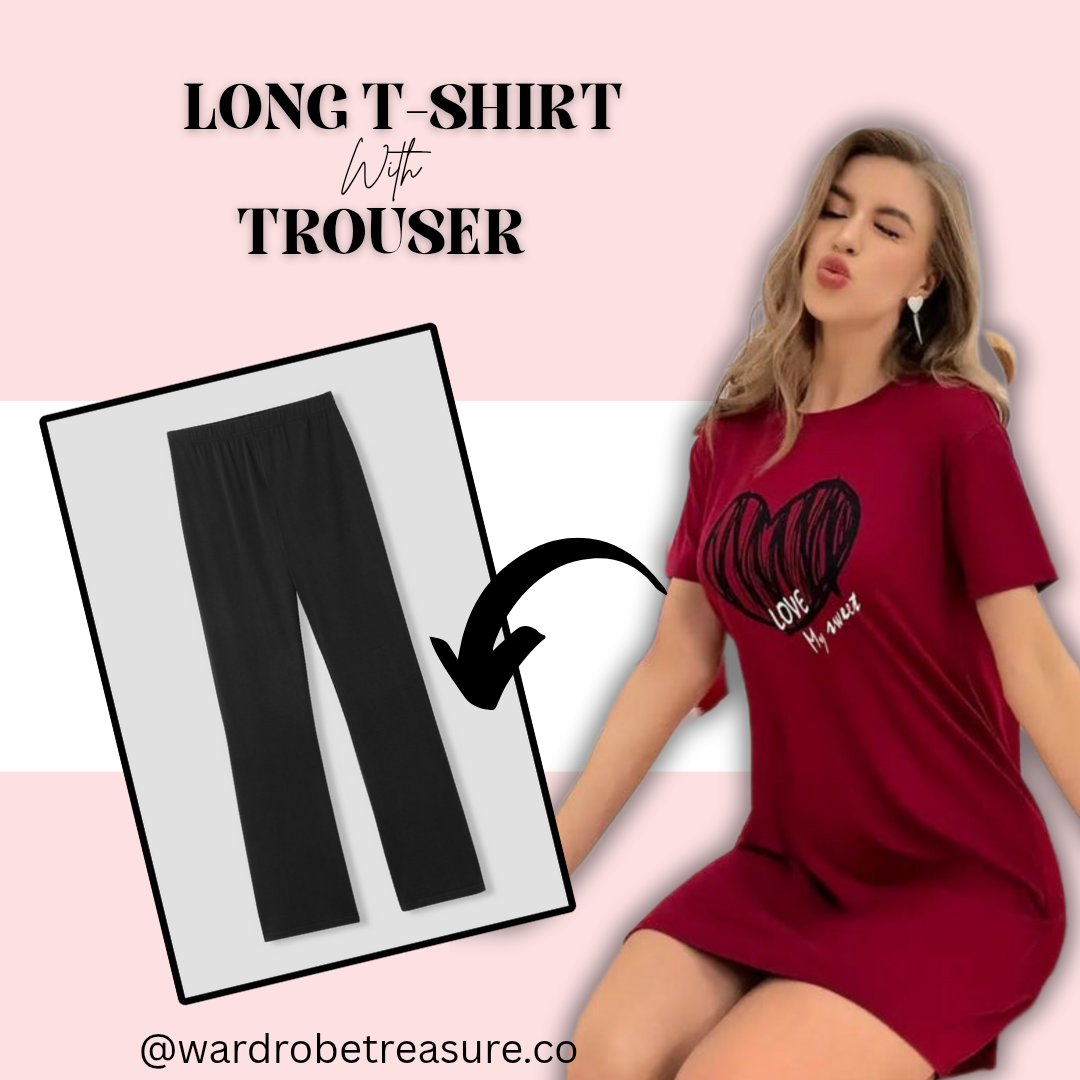 Maroon Love Heart Printed Long Tee For Her