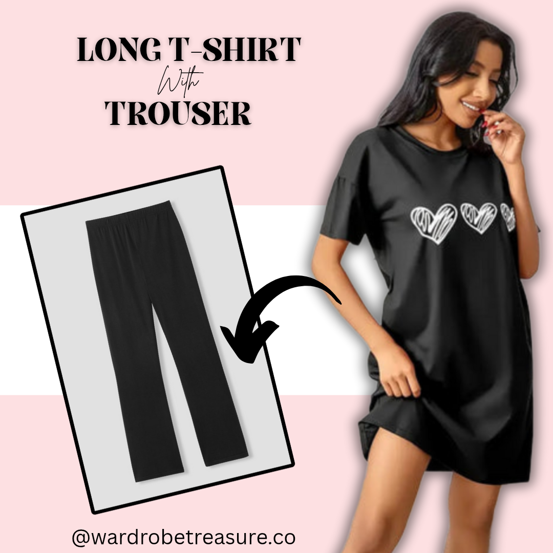 Black with White Hearts Printed Long Tee For Her