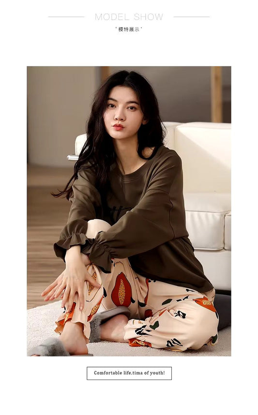 Brown Thanks Printed with Frill Sleeves Printed PJ Set For Her