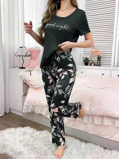 Black Good Night Printed with Floral Printed Pyjama Set For Her