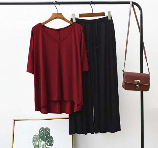 Maroon V-Neck T-Shirt with Black Pajama Loungewear For Her