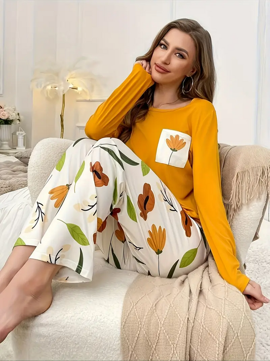 Mustard Yellow Floral Pocket Printed PJ Set For Her