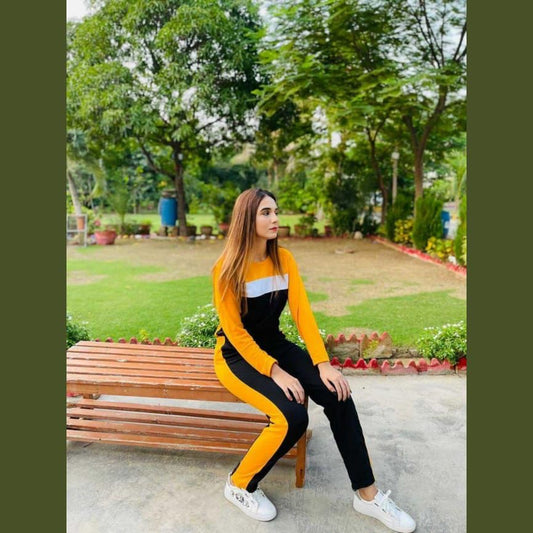 Yellow Straight Panel Full Sleeves Tracksuit For Her