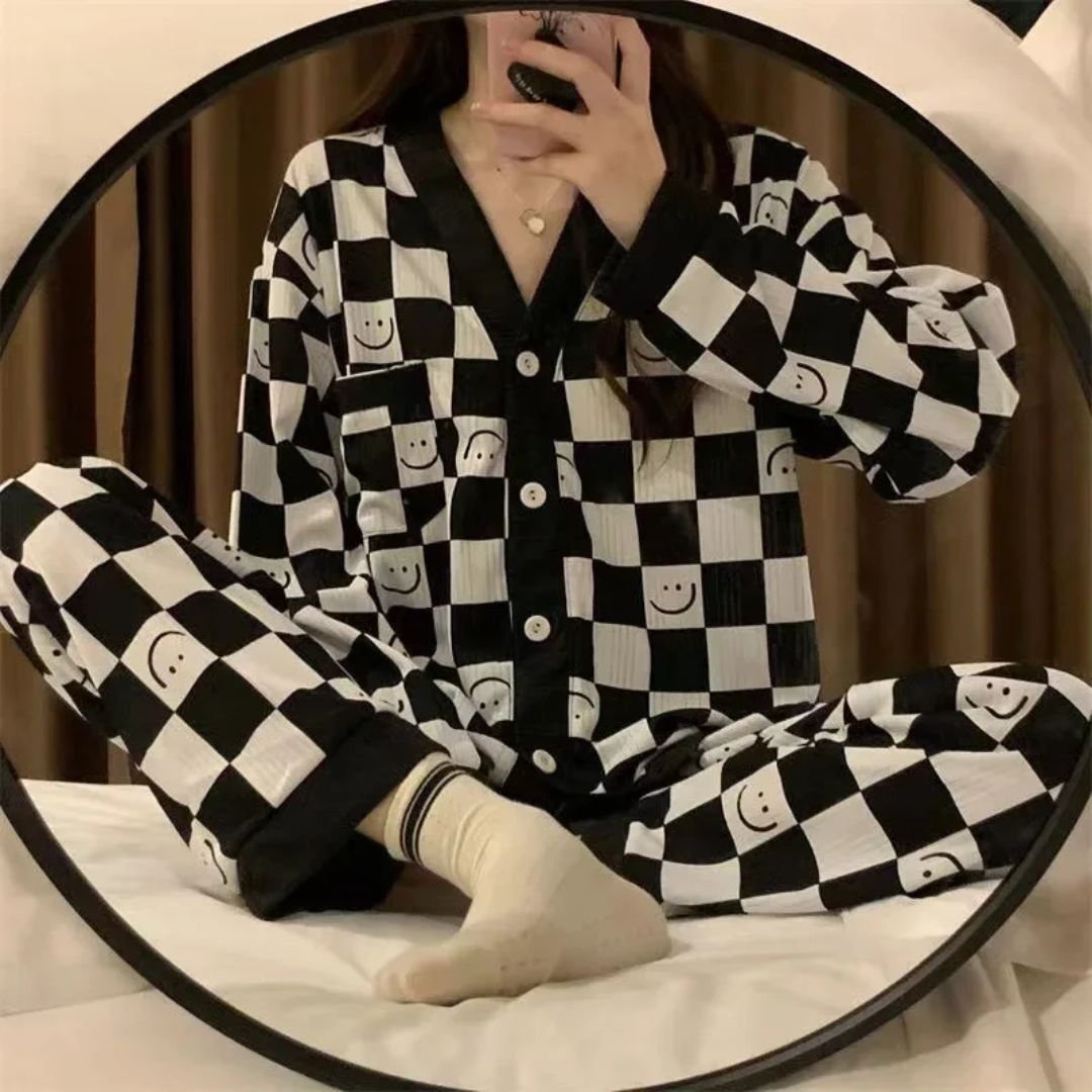 Off White with Black Cheq Smiley Printed V-Neck Button Printed PJ Set For Her