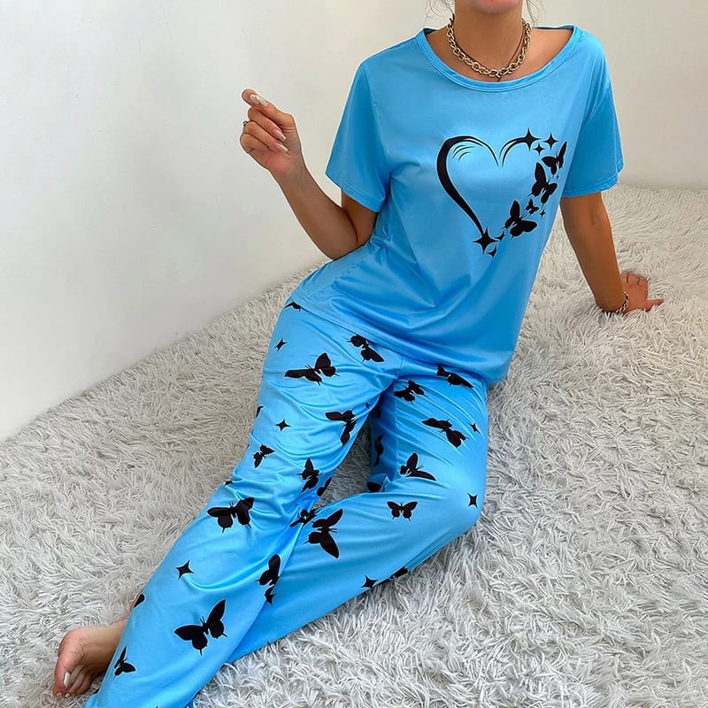 Blue Heart Butterfly Printed Casual PJ Set For Her