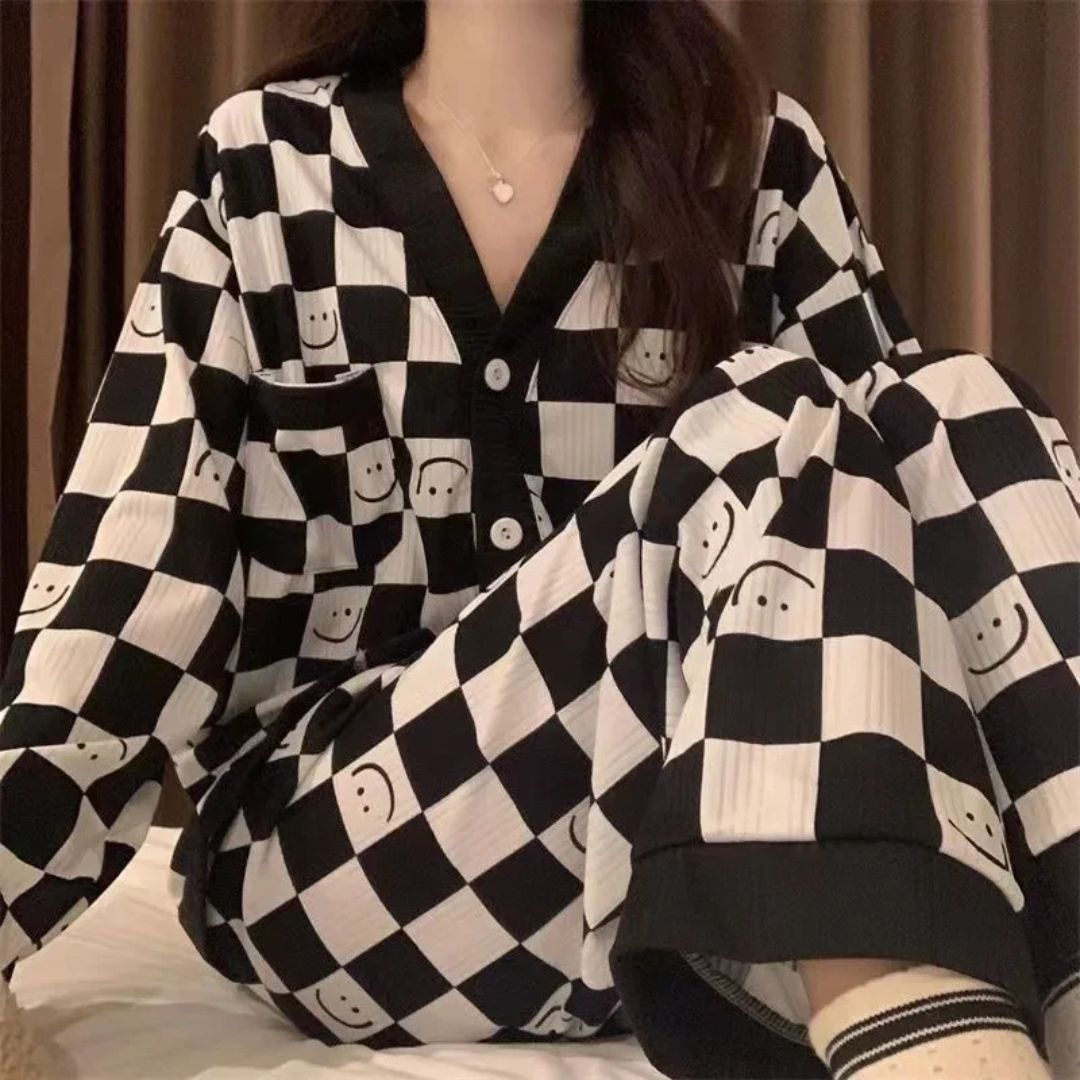 Off White with Black Cheq Smiley Printed V-Neck Button Printed PJ Set For Her