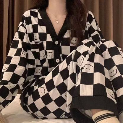 Off White with Black Cheq Smiley Printed V-Neck Button Printed PJ Set For Her