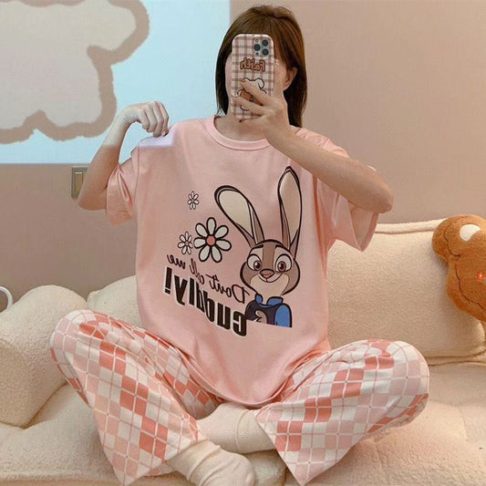 Pink Rabbit Printed Half Sleeves PJ Set For Her