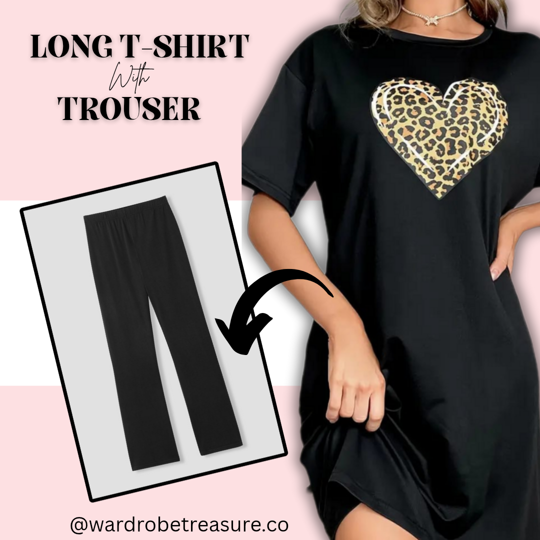 Black with Cheetah Heart Printed Long Tee For Her