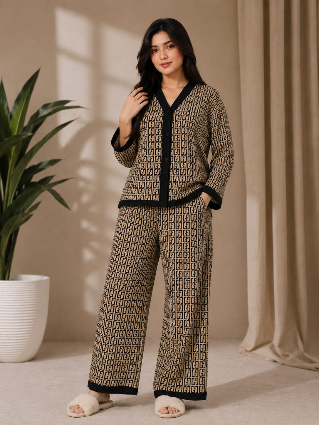 Brown Signature Monogram Printed V-Neck Button PJ Set For Her