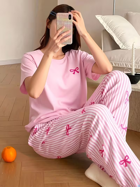 Pink Bow with Stripe Printed Half Sleeves PJ Set For Her