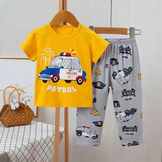 Yellow Petrol Police with Cars Printed Half Sleeves Suit For Kids