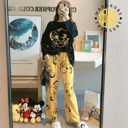 Black Yellow Lion Printed Casual PJ Set For Her