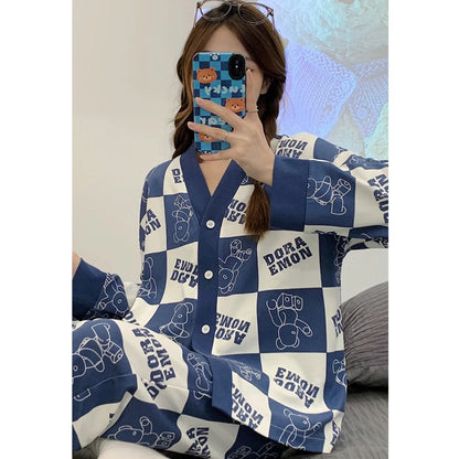 White with Blue Doraemon Printed V-Neck Button Printed PJ Set For Her