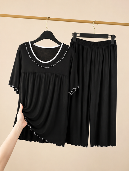 Black Frill Neck Half Sleeves Loungewear For Her