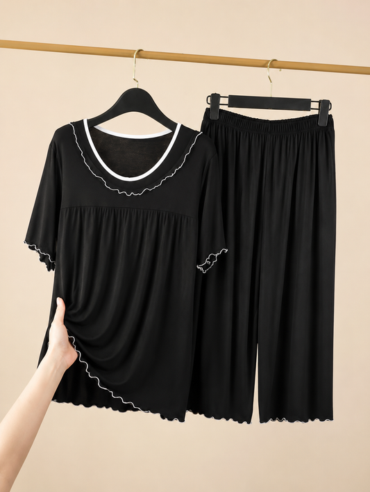 Black Frill Neck Half Sleeves Loungewear For Her