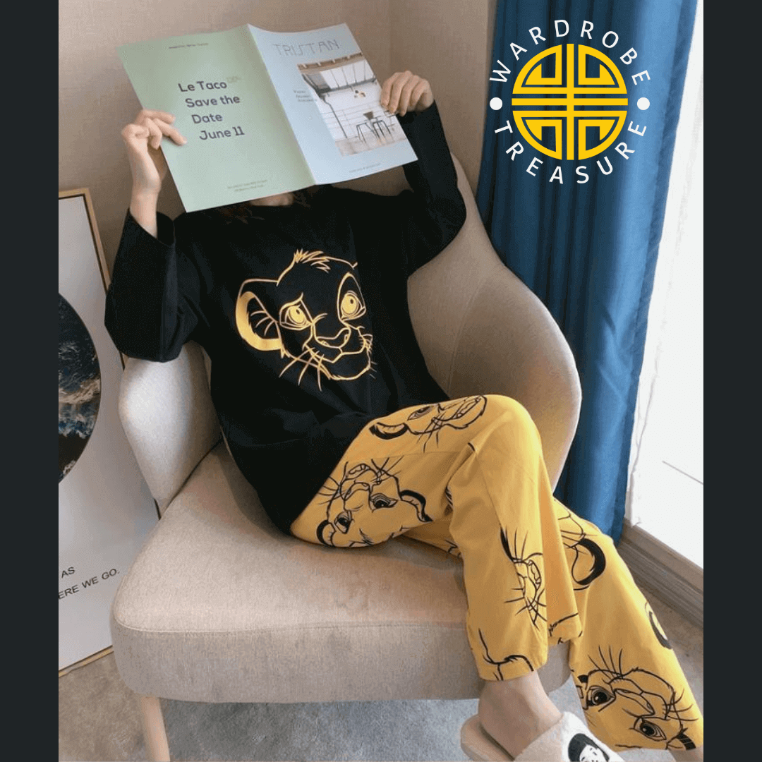 Black Yellow Lion Printed Casual PJ Set For Her