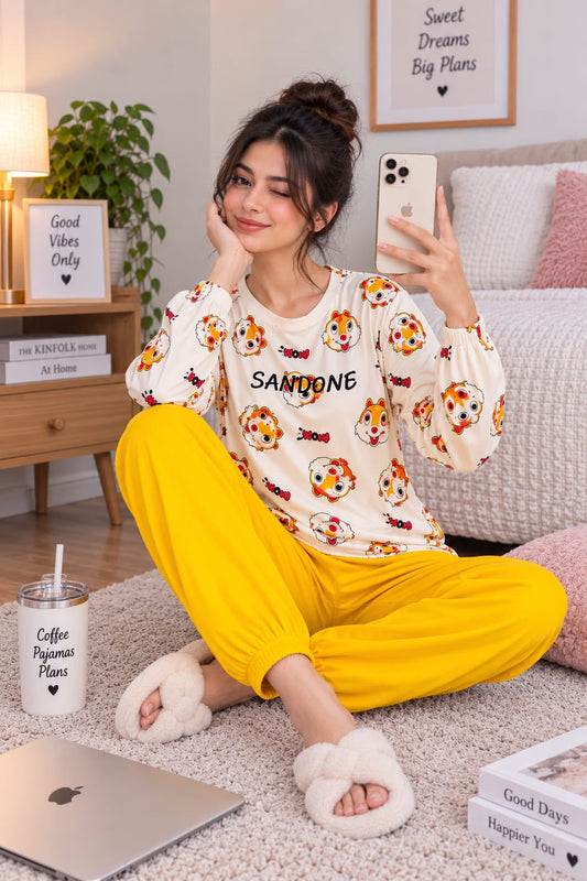 Off White Sandone Printed Full Sleeves PJ Set For Her