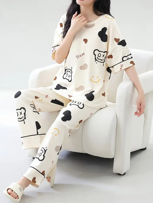Off White Multi Emojis Printed PJ Set For Her