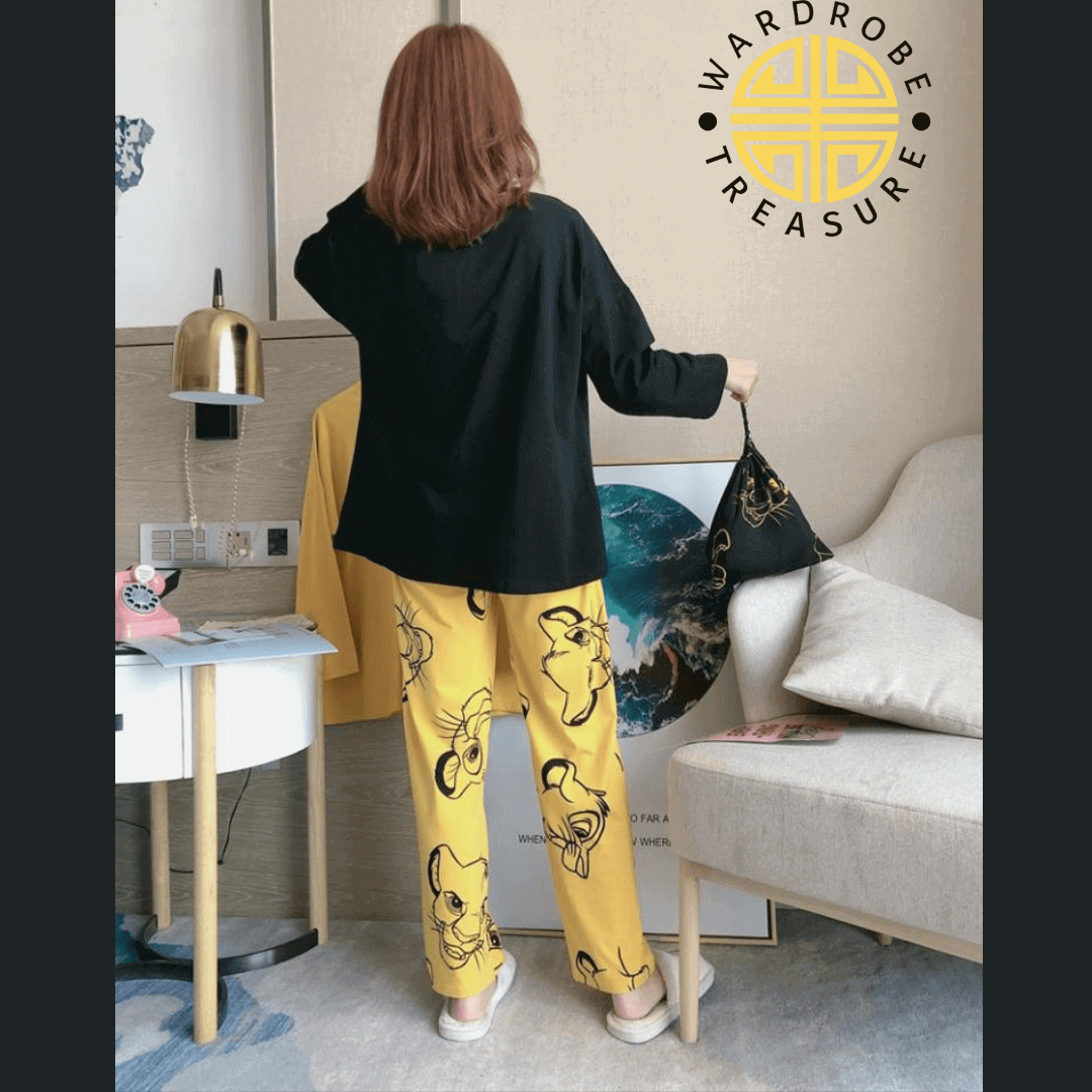 Black Yellow Lion Printed Casual PJ Set For Her