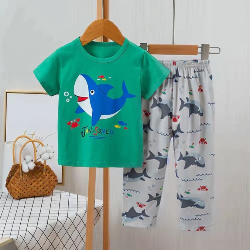 Green Shark Printed Half Sleeves T-shirt with Printed Pajama For Kids