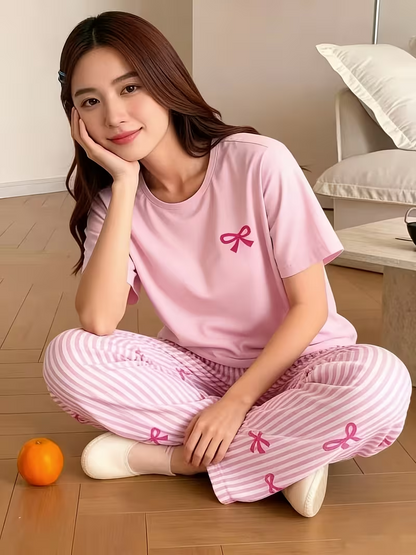 Pink Bow with Stripe Printed Half Sleeves PJ Set For Her
