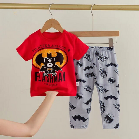 Red Flash Man Printed Half Sleeves T-Shirt with Printed Pajama For Kids