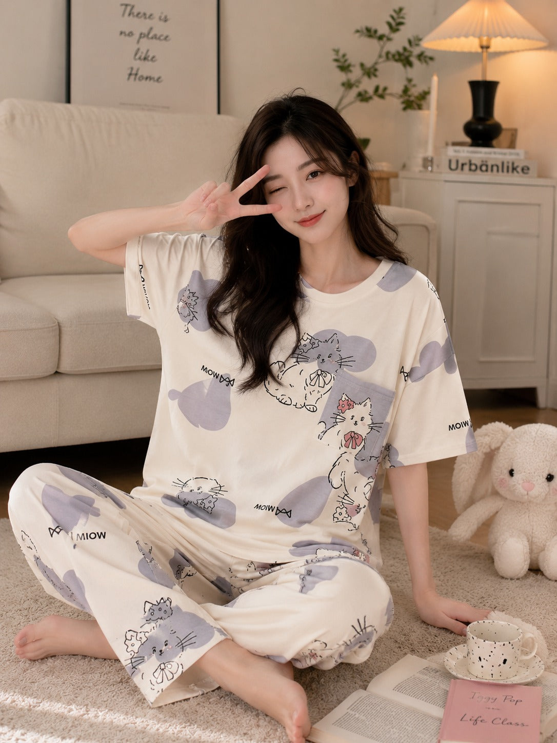 Off White Kitty Printed Half Sleeves PJ Set For Her