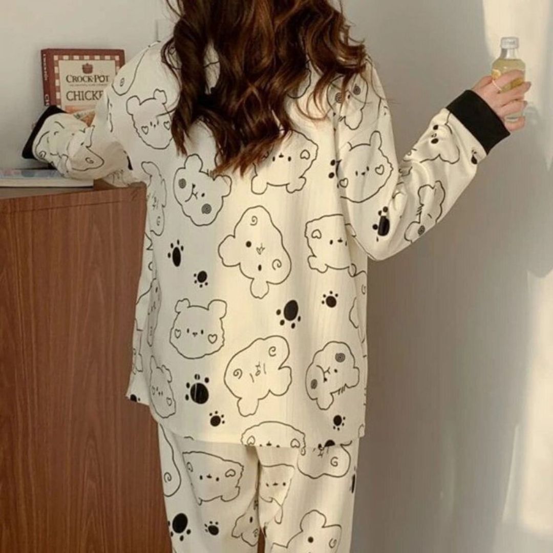 Off White with Black Bears Printed V-Neck Button Printed PJ Set For Her