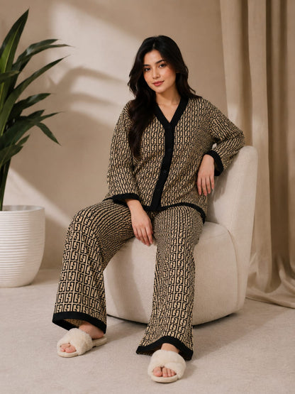 Brown Signature Monogram Printed V-Neck Button PJ Set For Her