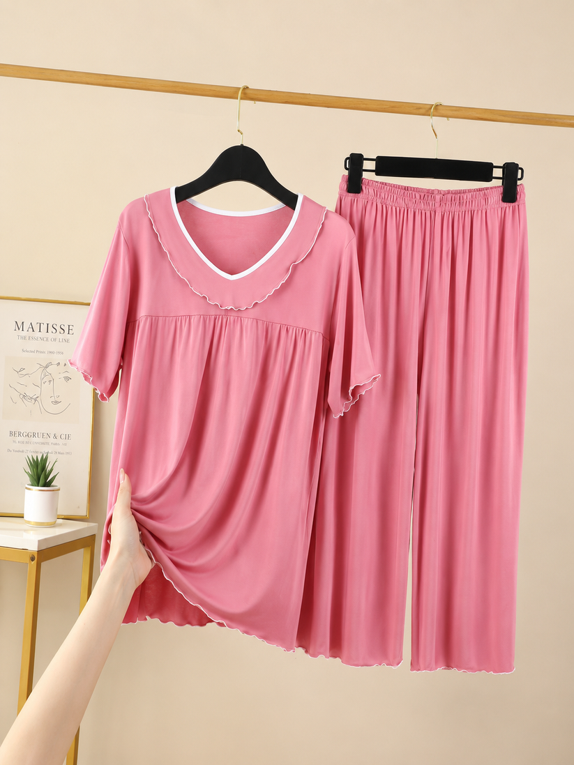 Pink Frill Neck Half Sleeves Loungewear For Her