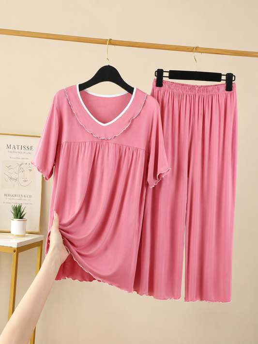 Pink Frill Neck Half Sleeves Loungewear For Her
