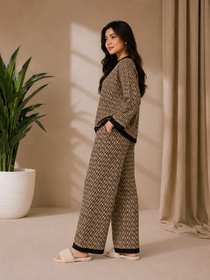 Brown Signature Monogram Printed V-Neck Button PJ Set For Her