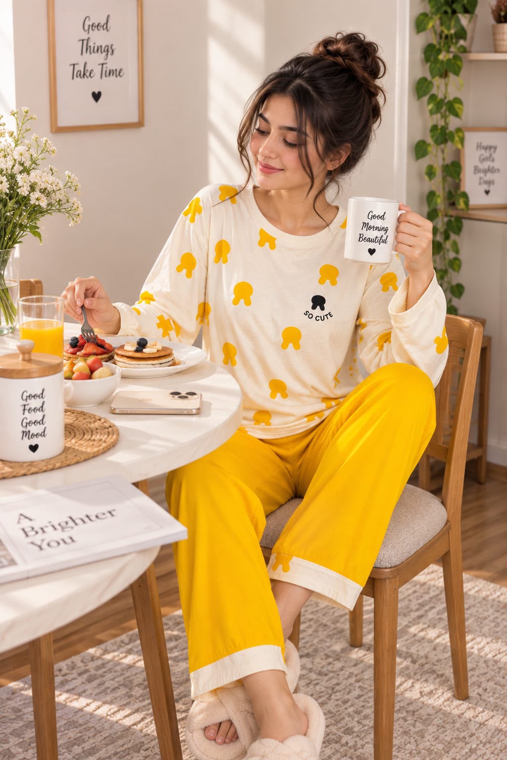Off White Soo Cute Printed Full Sleeves PJ Set For Her