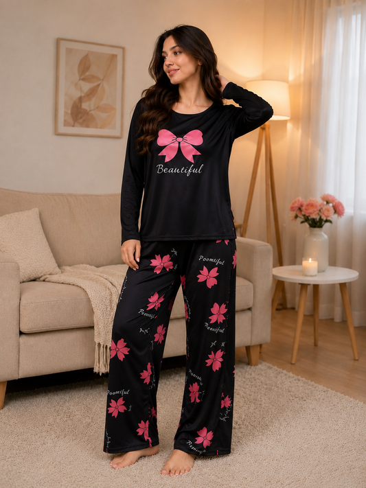 Black with Pink Bow Printed with Bow Printed Full Sleeves PJ Set For Her