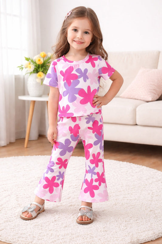 Off Whtie Multi Flowers Printed Half Sleeves Kids Suit