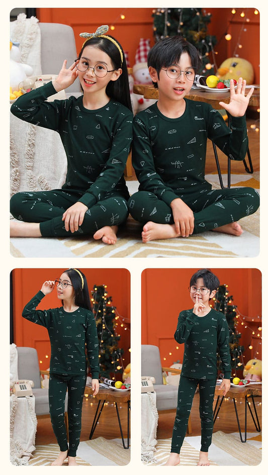 Dark Green Printed Night Suit For Kids