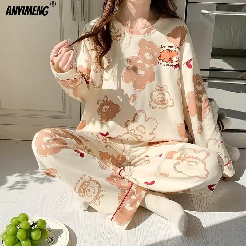 Off White Dream Bear Printed PJ Set For Her