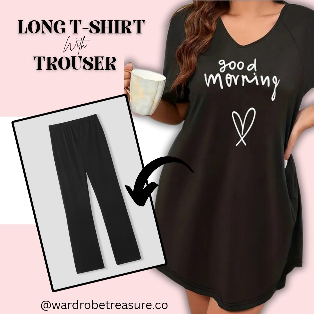 Black Good Morning with Heart Printed Long Tee For Her