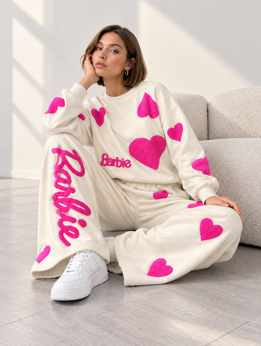 Cream Barbie Heart Print Tracksuit For Her