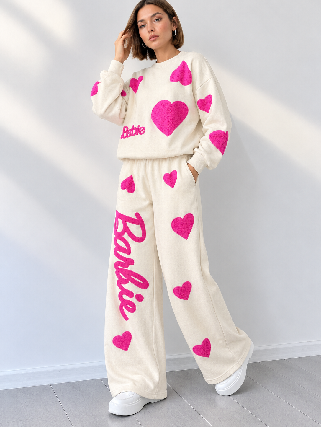 Cream Barbie Heart Print Tracksuit For Her