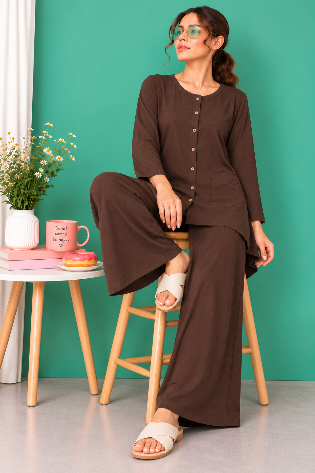 Chocolate Brown Button Down Linen Lounge Set