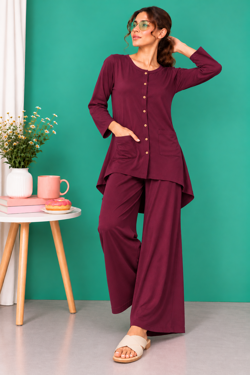 Burgundy Button Down Linen Lounge Set