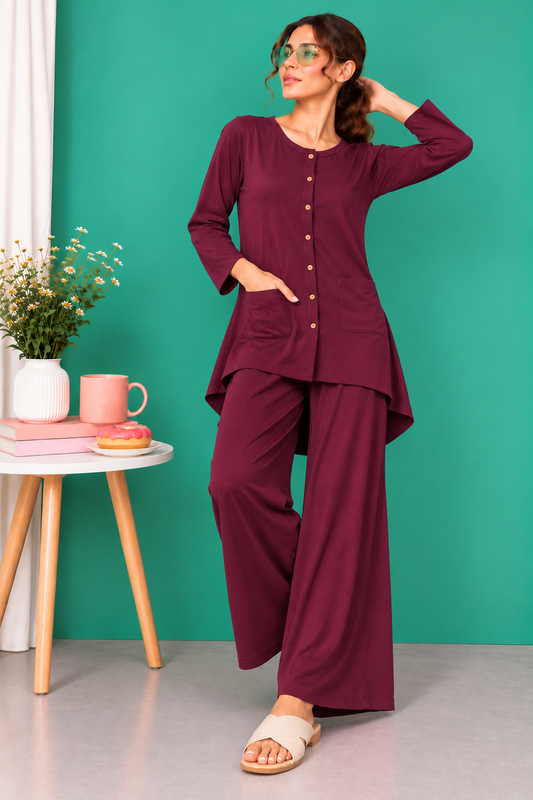 Burgundy Button Down Linen Lounge Set