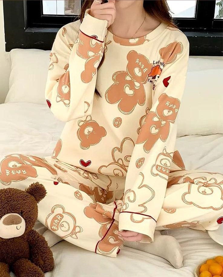 Off White Dream Bear Printed PJ Set For Her