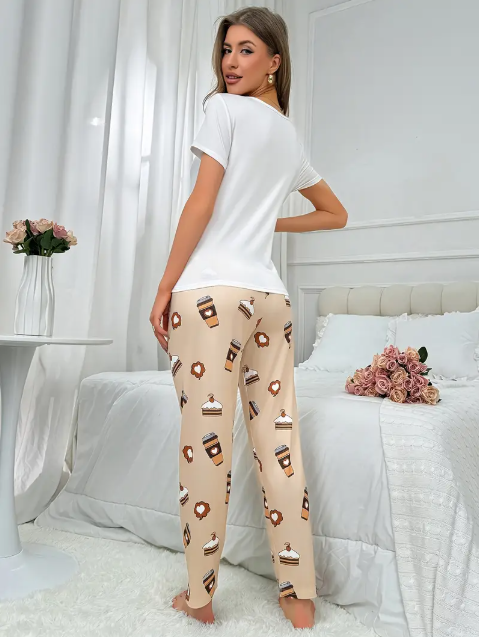 White Coffee Cake Printed PJ Set For Her