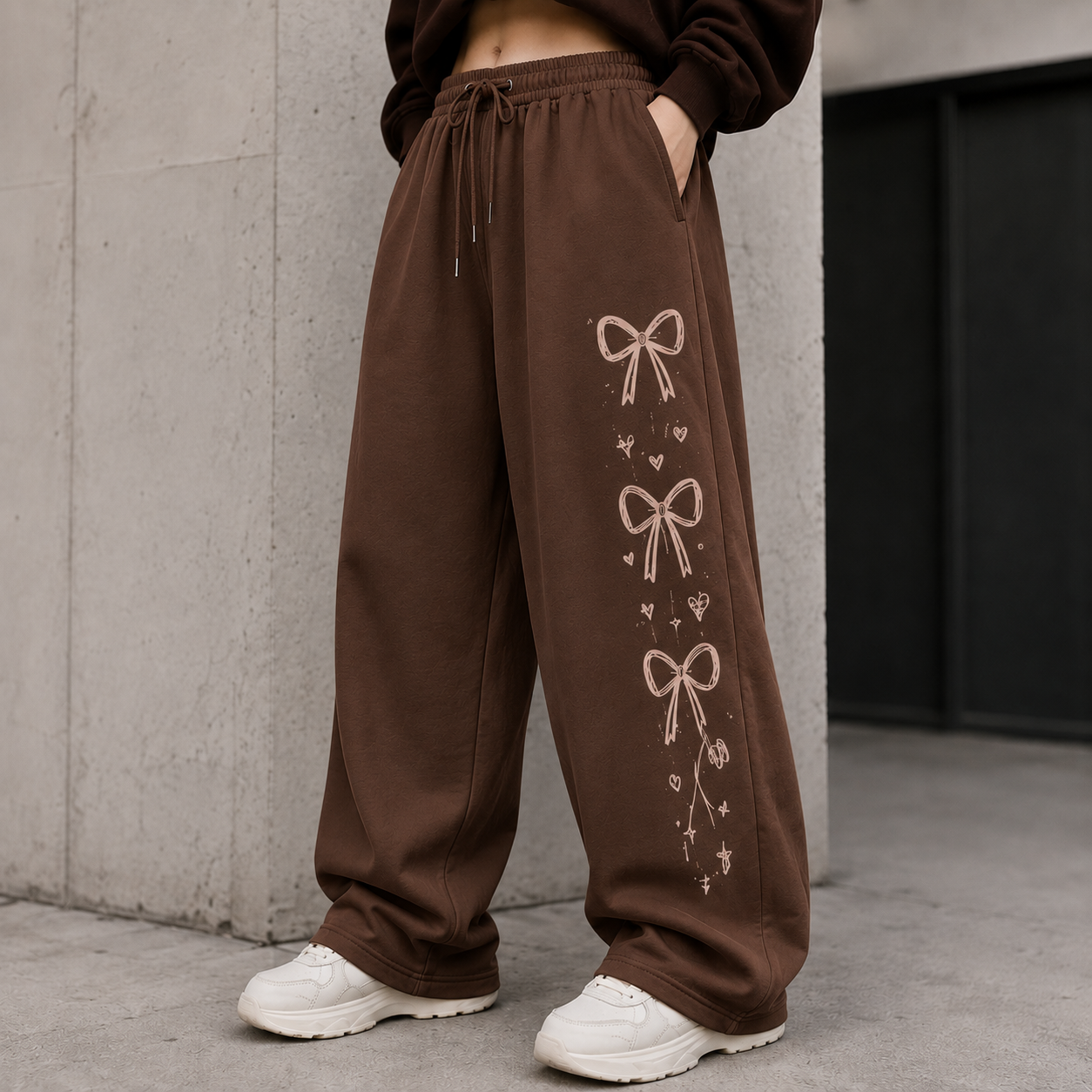 Brown Bow & Heart Printed Wide Leg Baggy Trouser For Her