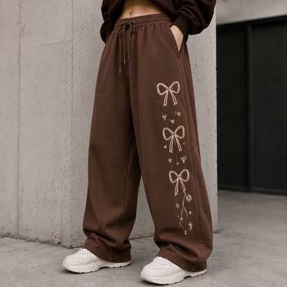 Brown Bow & Heart Printed Wide Leg Baggy Trouser For Her