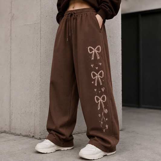 Brown Bow & Heart Printed Wide Leg Baggy Trouser For Her