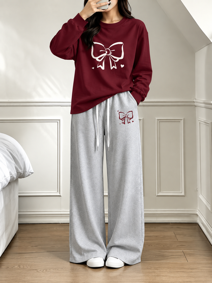 Maroon with Grey Bow Printed Winter Tracksuit For Her